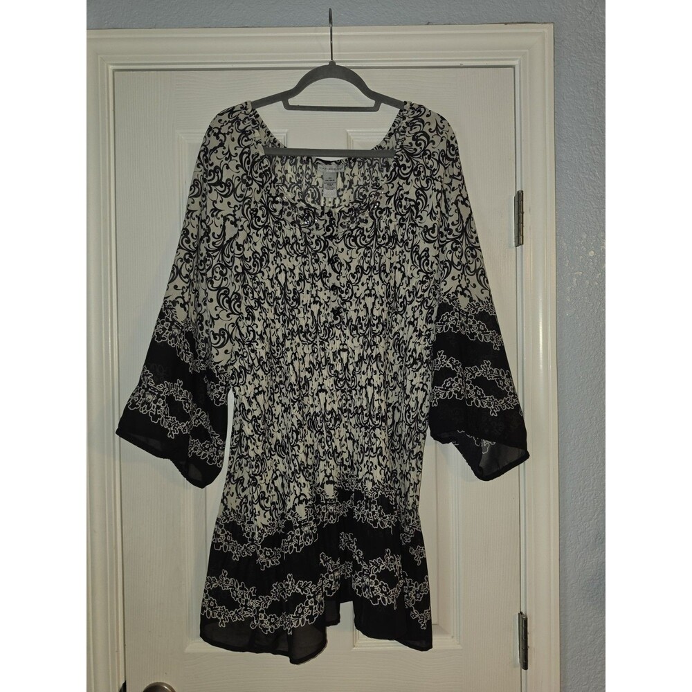 Catherines Chiffon Sequin Tunic Sz 5X Resort Vacation Beach Coverup Black White